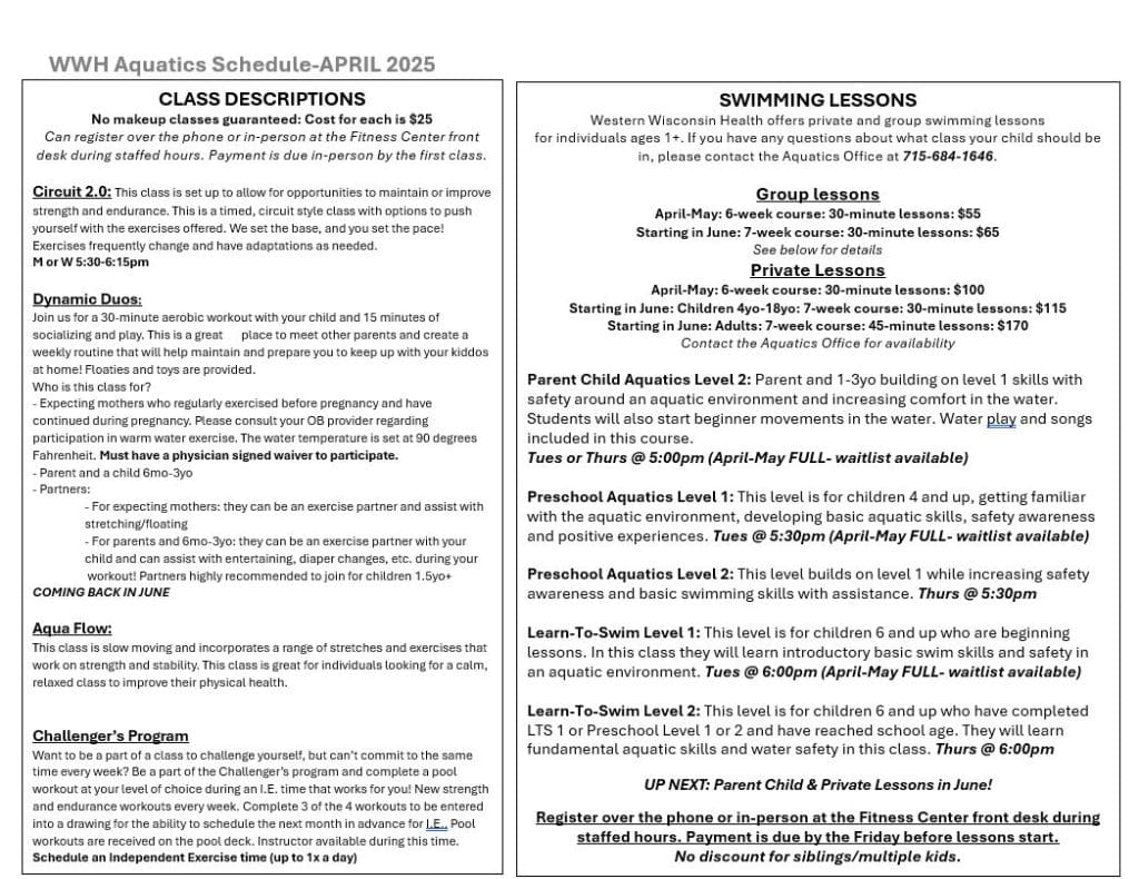 Aquatics Schedule April 2025